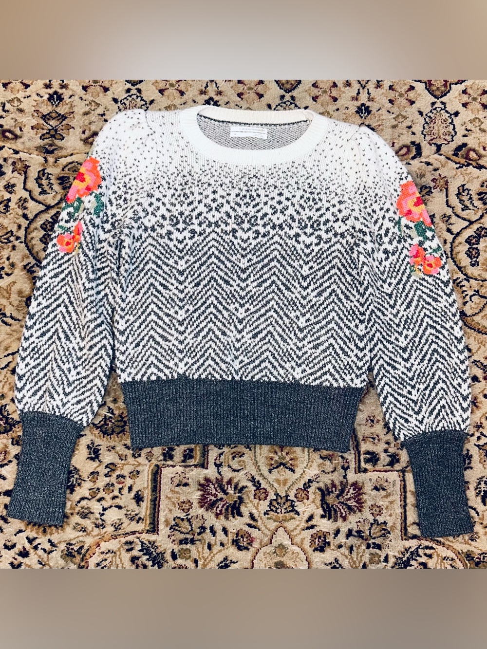 Anthropologie Karolina Chevron Isle Floral Embroidered Wool Blend Sweater XS